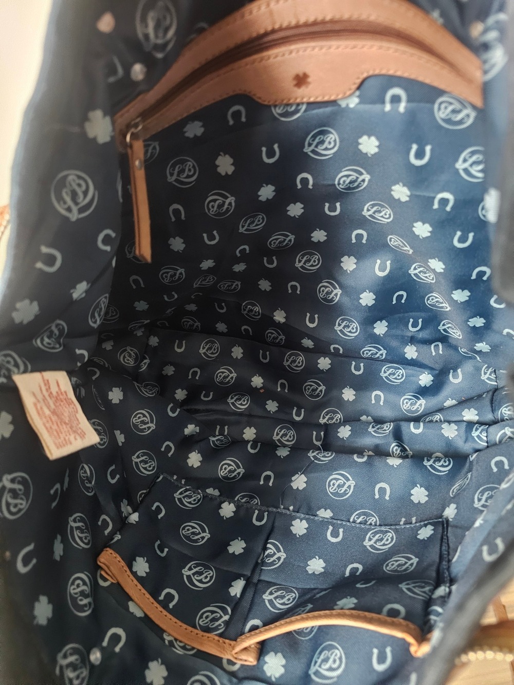 Lucky Brand Navy Canvas Large Tote with Multicolor Stripe Trim and Tan Handles - Picture 3 of 5
